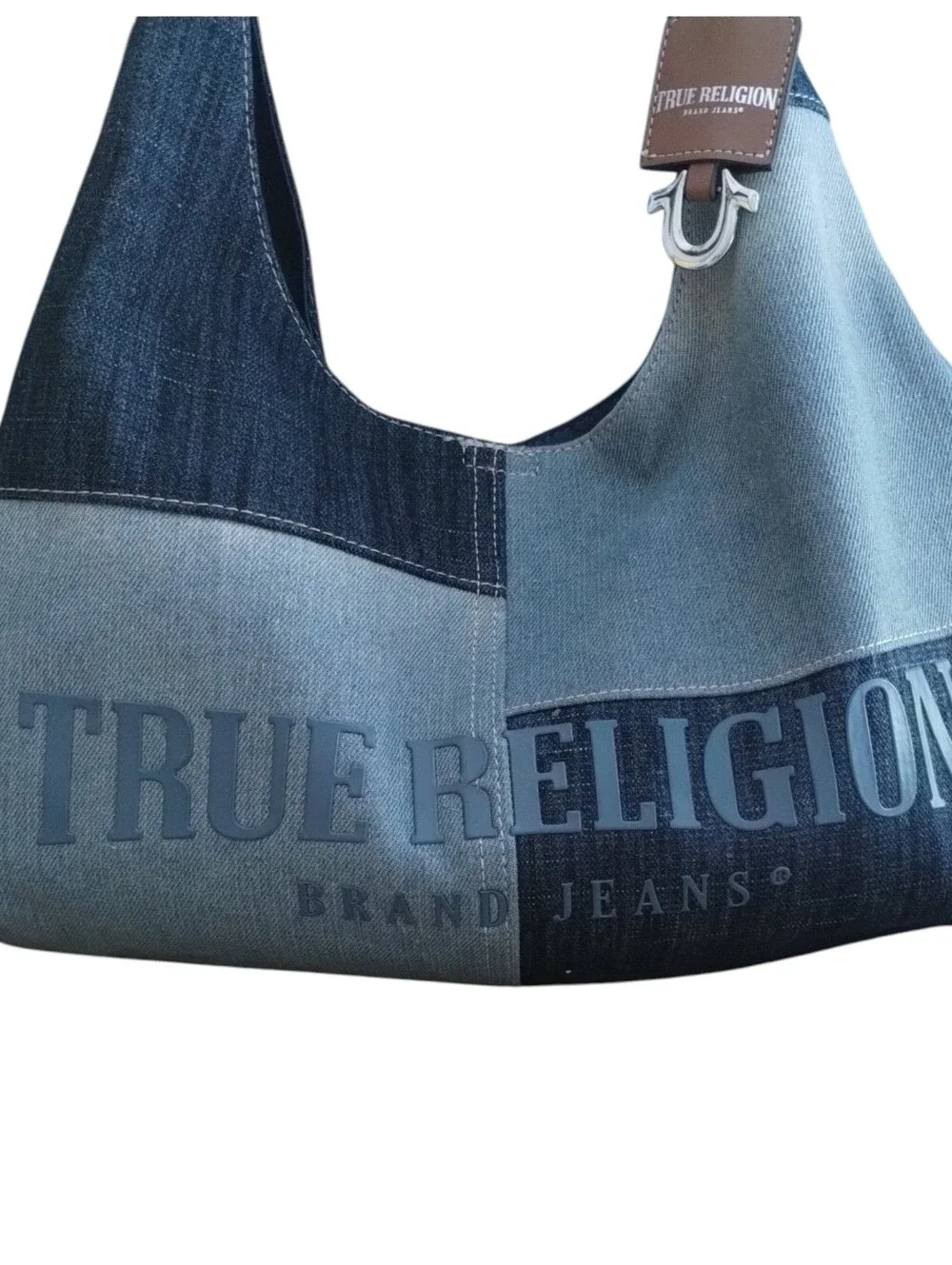 True Religion Monogram Denim Patchwork Hobo Bag in Blue